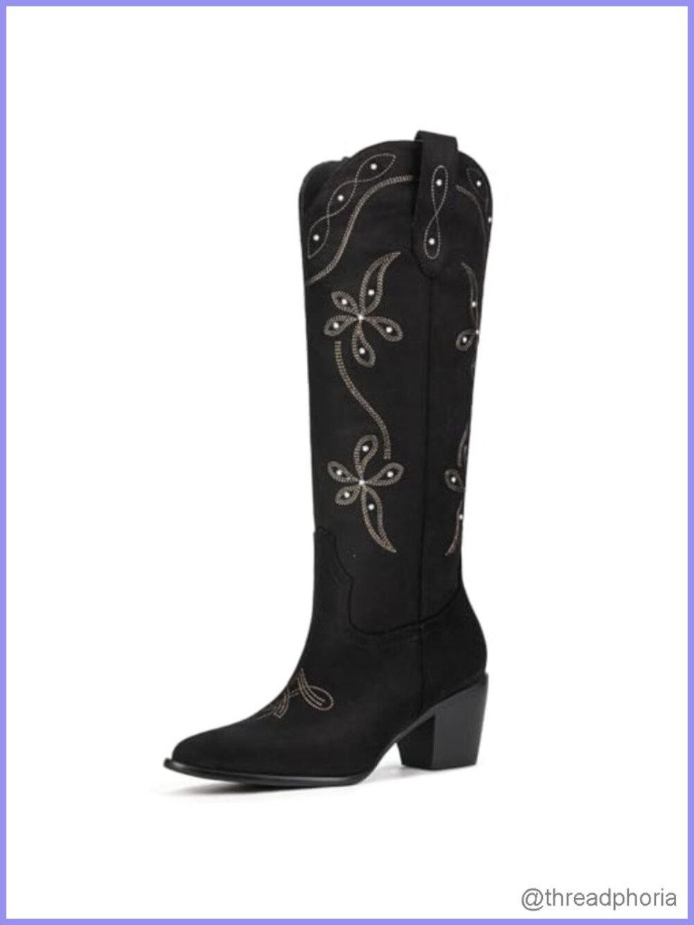 Knee High Western Cowboy Boots Faux Suede Pointed Toe Chunky Heel Cowgirl